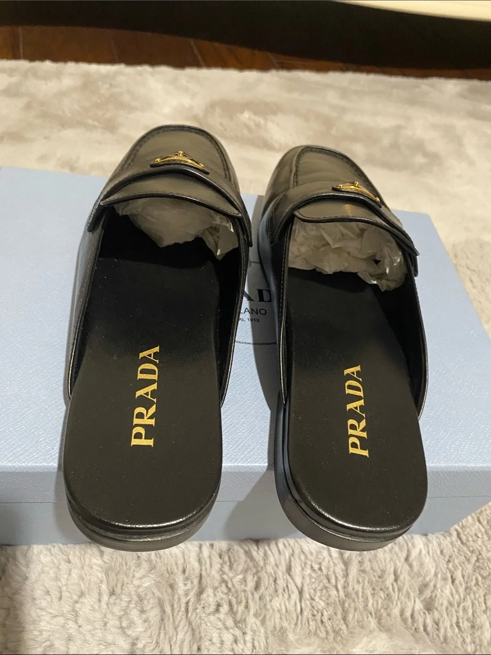 Prada Black Leather Logo Loafer Mules Slide
